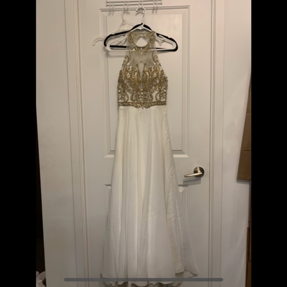 Cream/white A-line prom dress with gold/yellow rhinestones - Picture 2 of 14